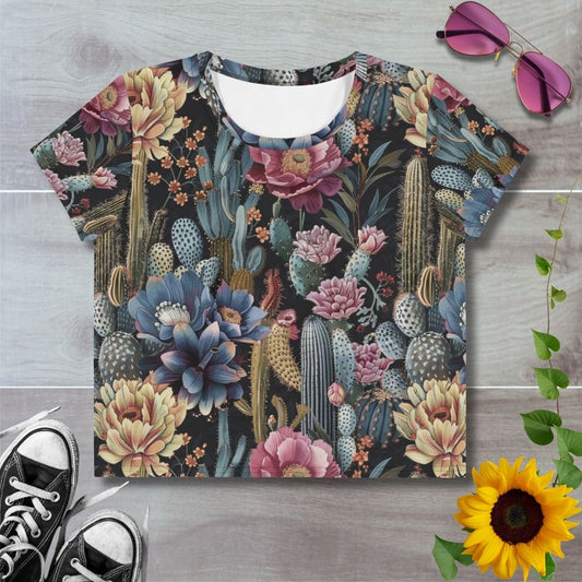 Women's all over print cropped t-shirt. Cactus flowers pattern