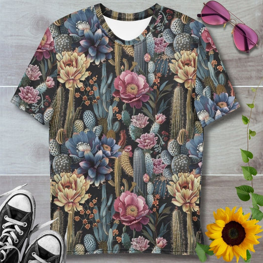 men's t-shirt with all over print pattern of large cactus flowers