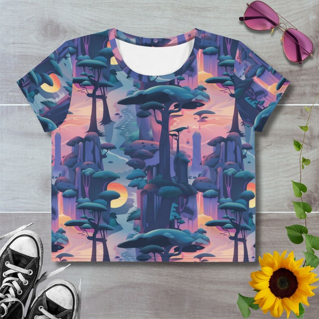 Women's all over print cropped t-shirt. Floating city of tree canopies