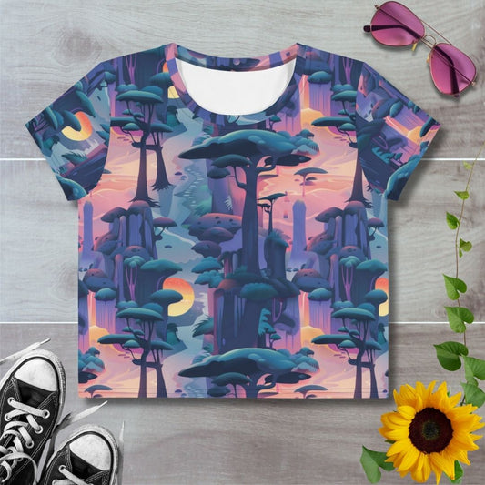 Women's all over print cropped t-shirt. Floating city of tree canopies