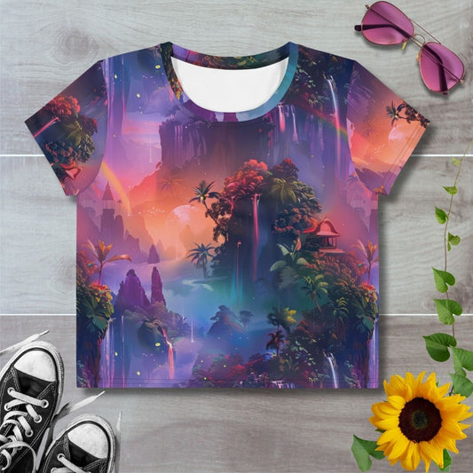 Women's all over print cropped t-shirt. Purple and orange rainbow waterfalls in a lush river of plant covered rocks
