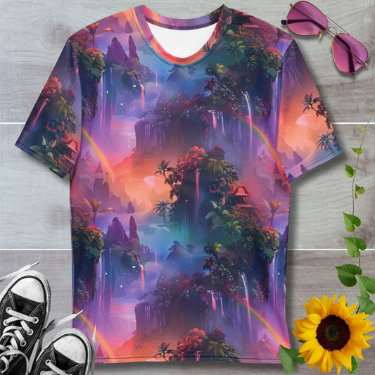 men's all over print t-shirt. Hazy purple skies with rainbows floating across green trees and rock faces