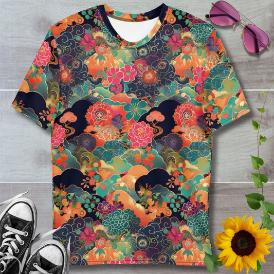 Men's all over print t-shirt. Japanese chiyogami patterns with pink, green and orange florals and swirls