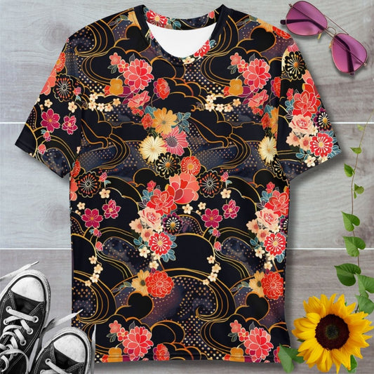men's all over print t-shirt. Japanese chiyogami pattern in black with gold details and red florals