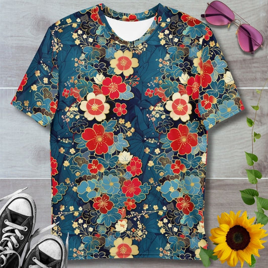 men's all over print t-shirt. Japanese chiyogami pattern in navy with red blue and pale yellow floral