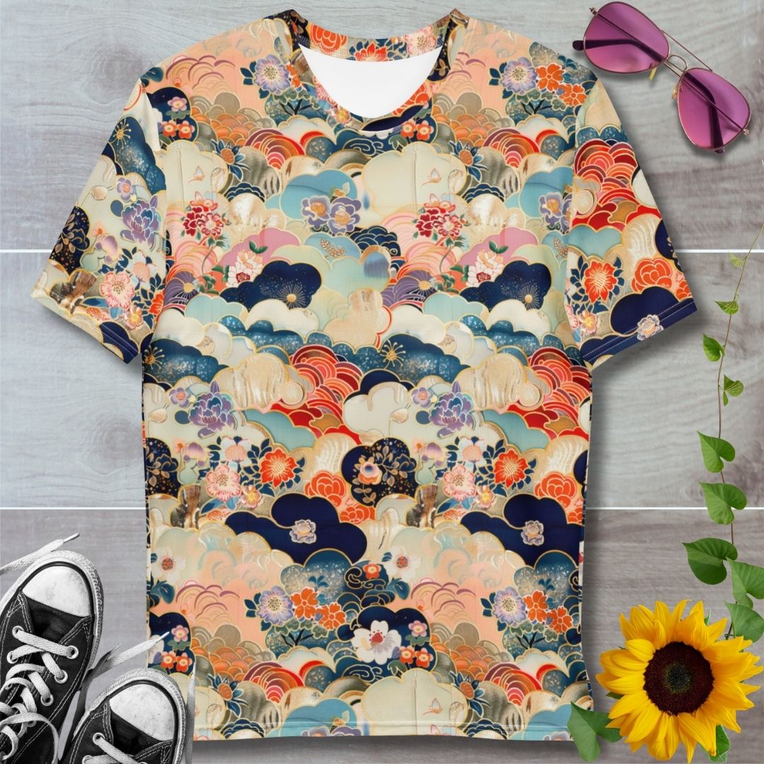 men's all over print t-shirt. Japanese chiyogami pattern, cream and light colors with pops of dark blue waves