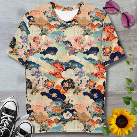 men's all over print t-shirt. Japanese chiyogami pattern, cream and light colors with pops of dark blue waves