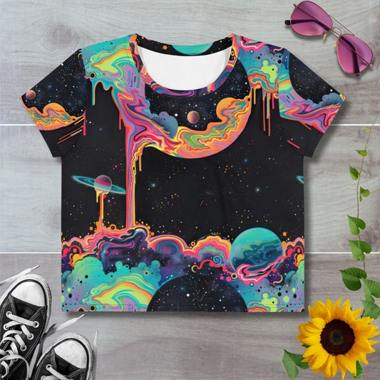 Women's all over print cropped t-shirt. Psychedelic vibrant neon colours dripping space clouds with planets on a black starry background