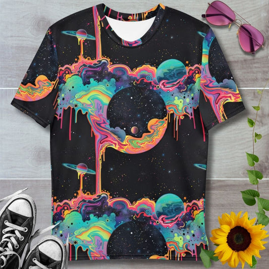 men's all over print t-shirt. Black space themed graphics with vibrant neon colors