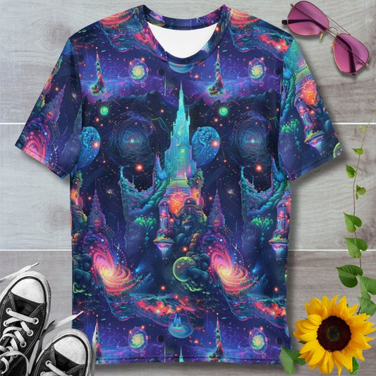 men's all over print t-shirt. Cosmic alien landscape with glowing fortress 