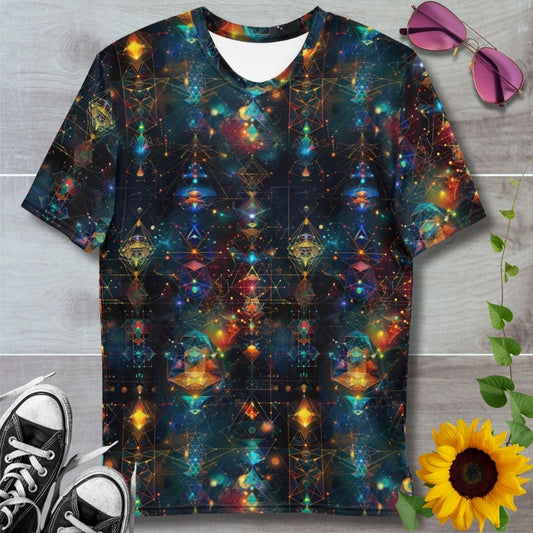 men's all over print t-shirt. Cosmic geometry, glowing rainbow patterns