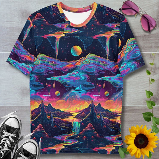 mens all over print t-shirt. Cosmic alien landscape with neon rainbow rivers flowing over rock formations, glowing orange and blue skies