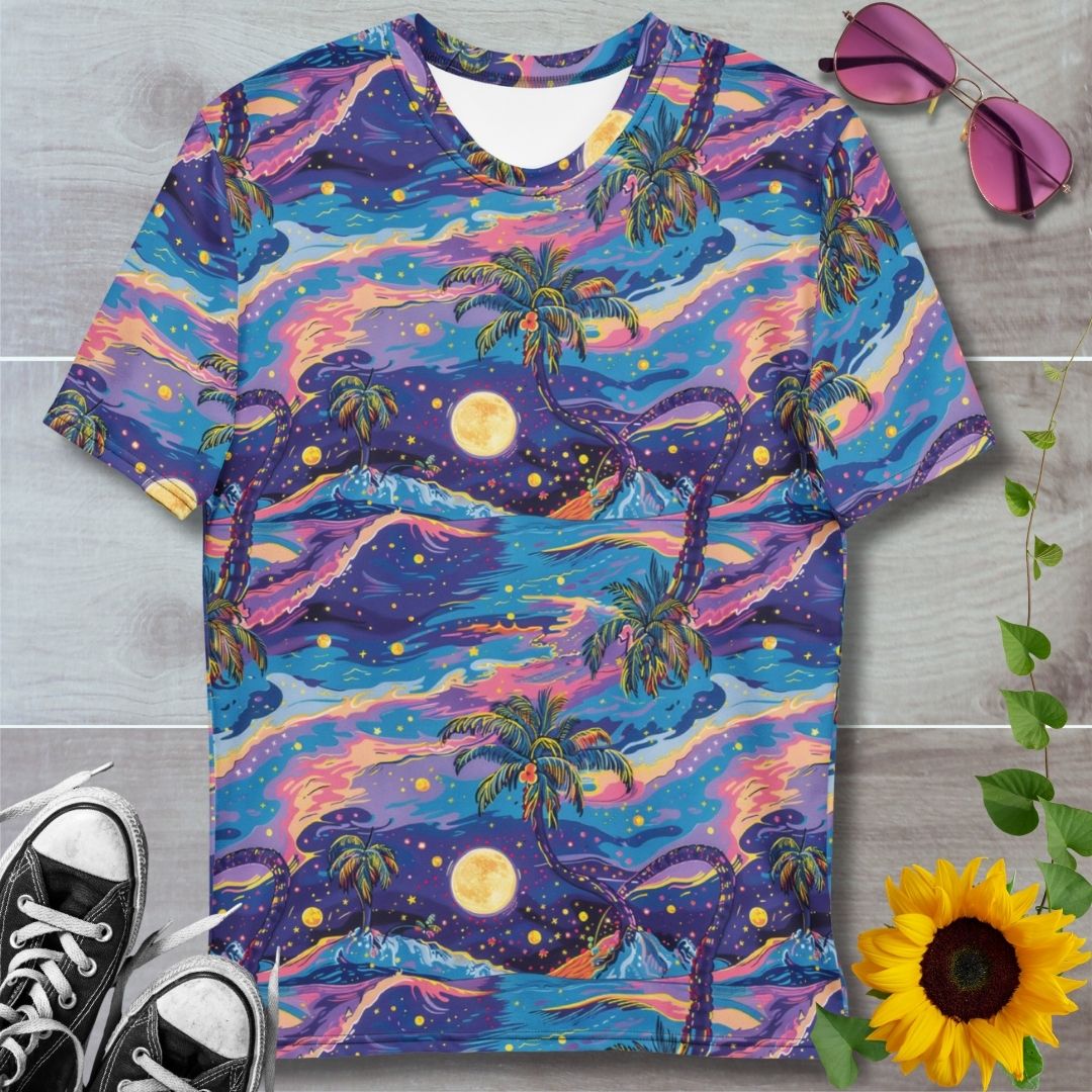 men's all over print t-shirt. cosmic Malibu beach with palm trees purple and blue waves