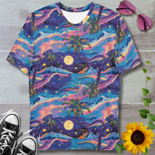 men's all over print t-shirt. cosmic Malibu beach with palm trees purple and blue waves