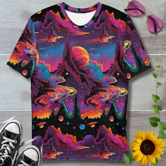 men's all over print t-shirt. Crimson cosmic landscapes. Planets and space themed