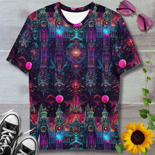 Men's all over print t-shirt. A glowing cyber city pattern