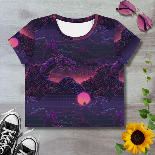 Women's all over print cropped t-shirt. Purple cyber dragon