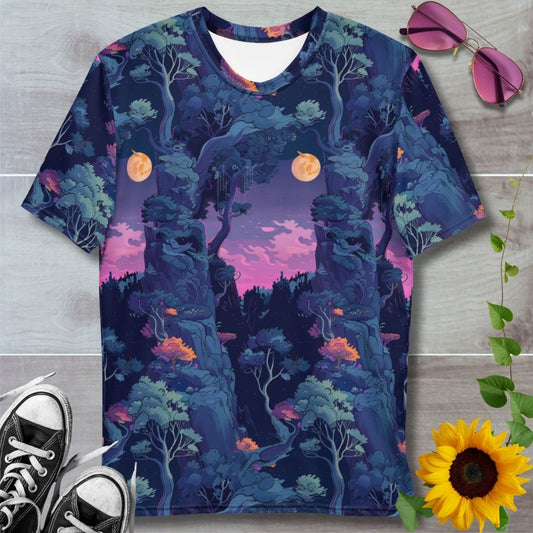 Men's all over print t-shirt. Dark forest pattern with moon lighting a purple sky