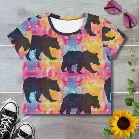 Women's all over print cropped t-shirt. Red, blue and yellow tie dye with silhouette black bear patterns