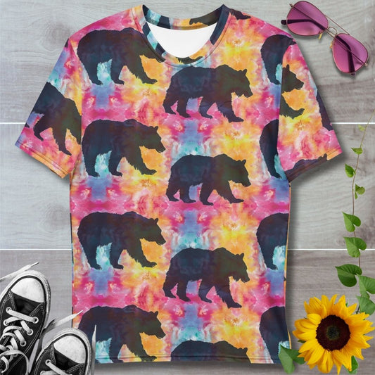 Men's all over print t-shirt. Red, blue and yellow tie dye with black bear silhouette pattern