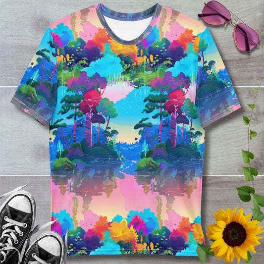 Men's all over print t-shirt. Peaceful lake with colorful trees