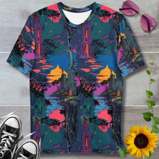 Men's all over print t-shirt. Fantasy pattern, castle in a dark woods, red, purple and yellow sunset
