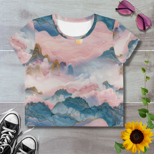 Women's all over print cropped t-shirt. Pink and blue mountains and clouds with gold outlines