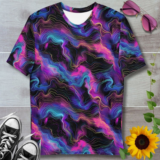 Men's all over print t-shirt. Pink, blue and purple electric lightning wave pattern