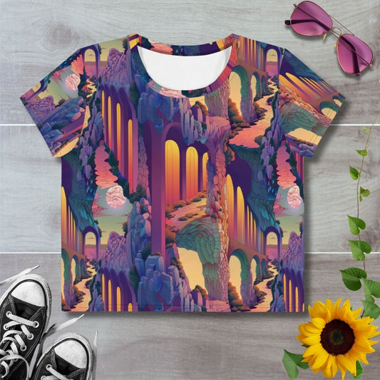 Women's all over print cropped t-shirt. Purple and orange psychedelic columns and pillars in an ancient city