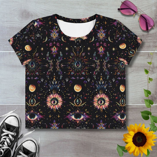 Women's all over print cropped t-shirt. Psychedelic, cosmic, esoteric patterns with evil eye