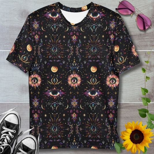 Men's black t-shirt with esoteric evil eye patterns