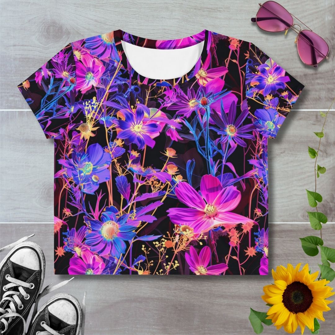 Women's all over print cropped t-shirt. Bright pink and purple neon floral pattern