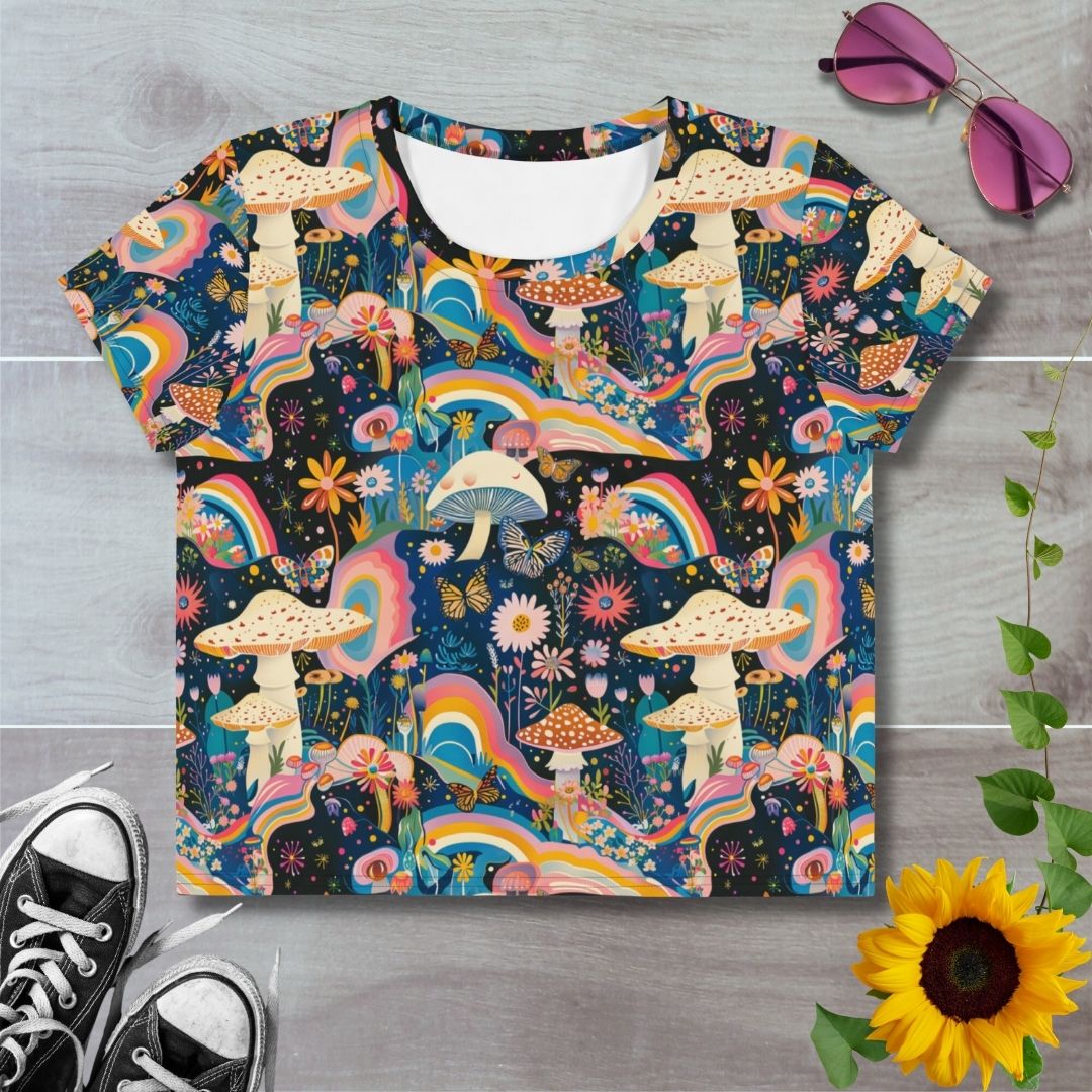 Women's all over print cropped t-shirt. Psychedelic patterned rainbows and white mushrooms