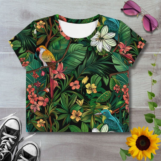 Women's all over print cropped t-shirt. Orange and blue birds amongst green foliage with red and yellow flowers
