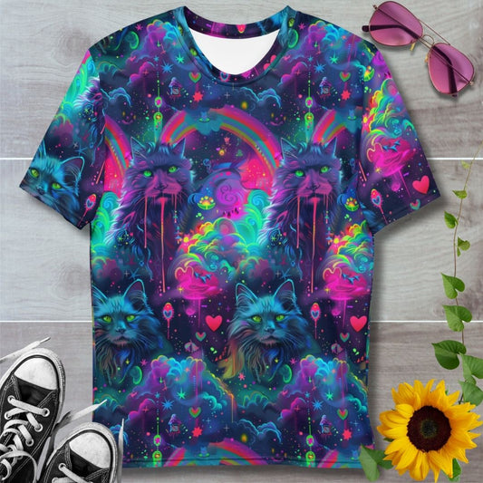 Men's all over print t-shirt. Colorful pinks, purples and blues with rainbows and cats in clouds