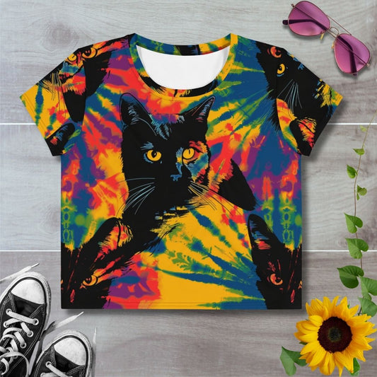 Women's all over print cropped t-shirt. Rainbow yellow, red and blue tie dye with black cat pattern