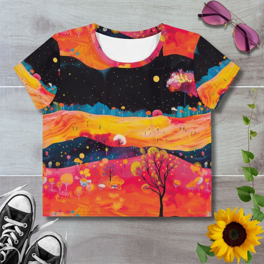 Women's all over print cropped t-shirt. Orange and yellow fields against a black starry skyline