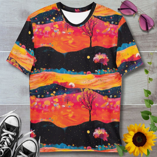 men's all over print t-shirt. Orange fields over black starry sky