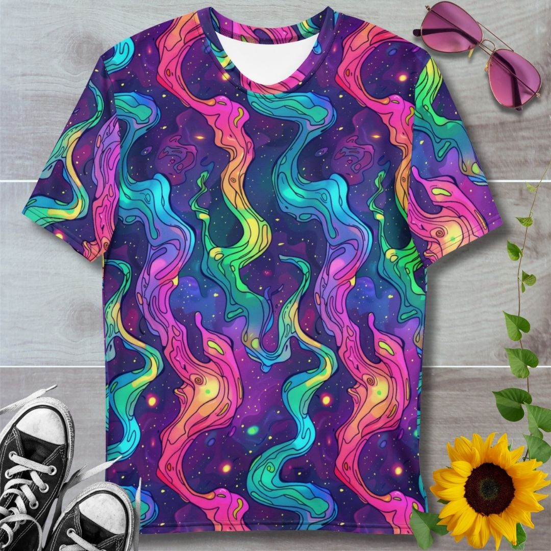 Men's all over print t-shirt. Colorful flaming swirl pattern in pinks, green and purples
