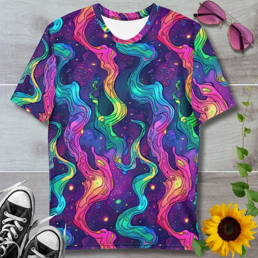 Men's all over print t-shirt. Colorful flaming swirl pattern in pinks, green and purples