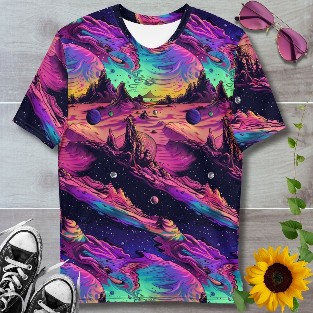 Men's all over print t-shirt. Sci fi space themed graphics showing a martian desert planet with green aurora colored skies