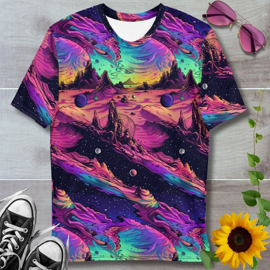 Men's all over print t-shirt. Sci fi space themed graphics showing a martian desert planet with green aurora colored skies
