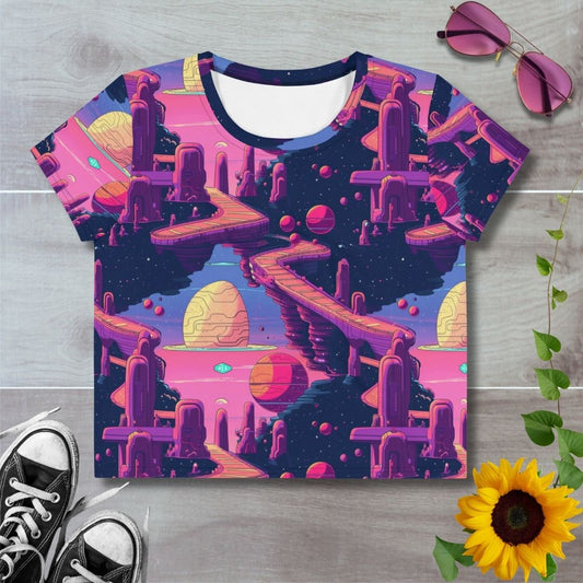 Women's all over print cropped t-shirt. Pink and purple alien ruins. Sci fi space theme