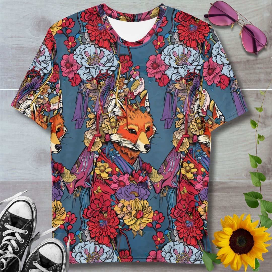 Men's all over print t-shirt. Denim blue background with a decorated fox in foreground wearing a kimono surrounded by flowers
