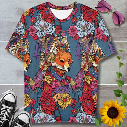 Men's all over print t-shirt. Denim blue background with a decorated fox in foreground wearing a kimono surrounded by flowers