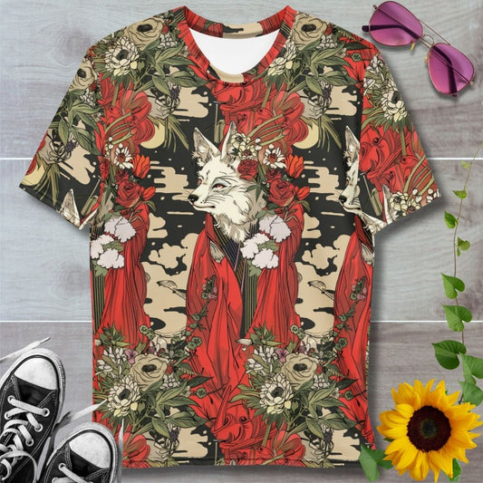 Men's all over print t-shirt. Mystical black background with moon and cream clouds. Regal fox in foreground wearing red robes and crown of flowers