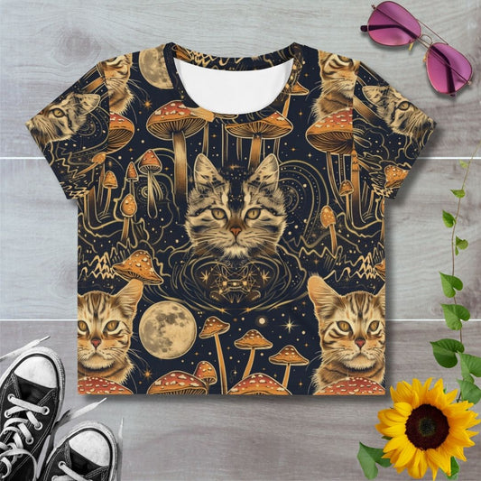 Women's all over print cropped t-shirt. Witchy mystical cats, mushrooms and moon pattern
