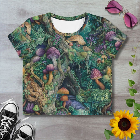 Women's all over print cropped t-shirt. Green mushroom forest, watercolor pencil drawing style graphics