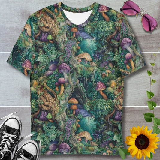 men's all over print t-shirt. Watercolor fantasy style forest of twisting vines and colorful mushrooms, greens and purples