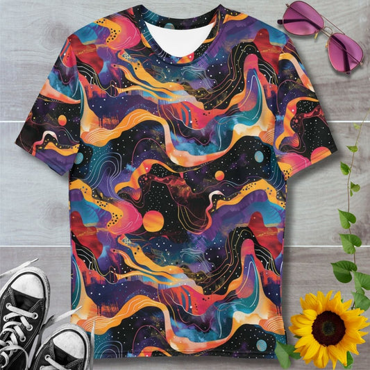 Men's all over print t-shirt. Psychedelic waves of oranges and purples swirling through space with stars and planets